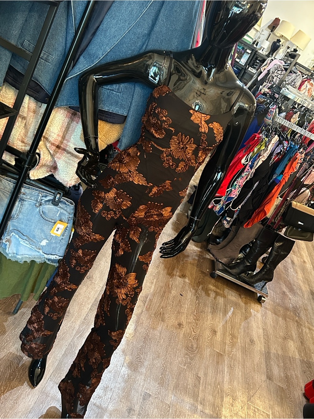 AKIRA Black Strapless Jumpsuit with Brown Floral Print